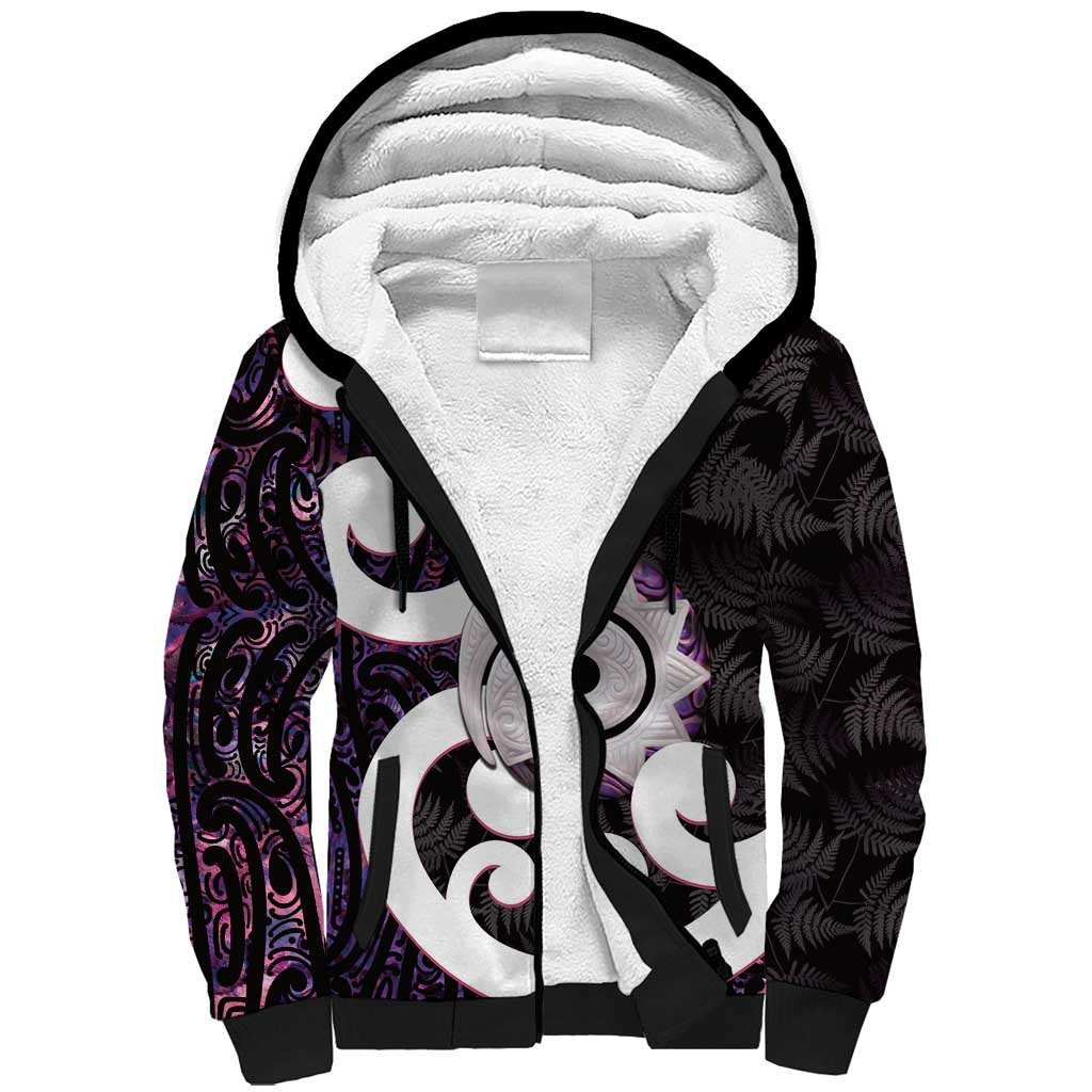 Aotearoa Koru Sherpa Hoodie Purple Maori Paua Shell Mix Silver Fern - Vibe Hoodie Shop