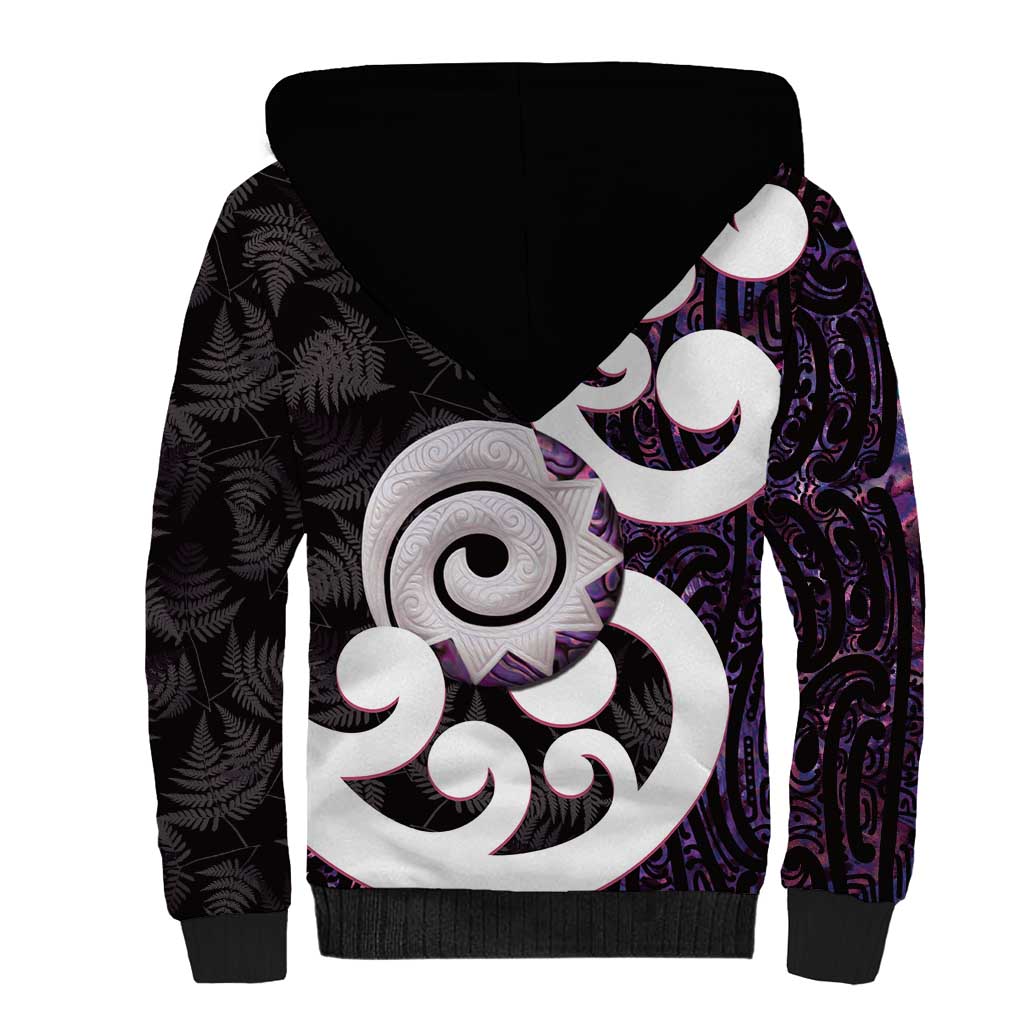 Aotearoa Koru Sherpa Hoodie Purple Maori Paua Shell Mix Silver Fern - Vibe Hoodie Shop