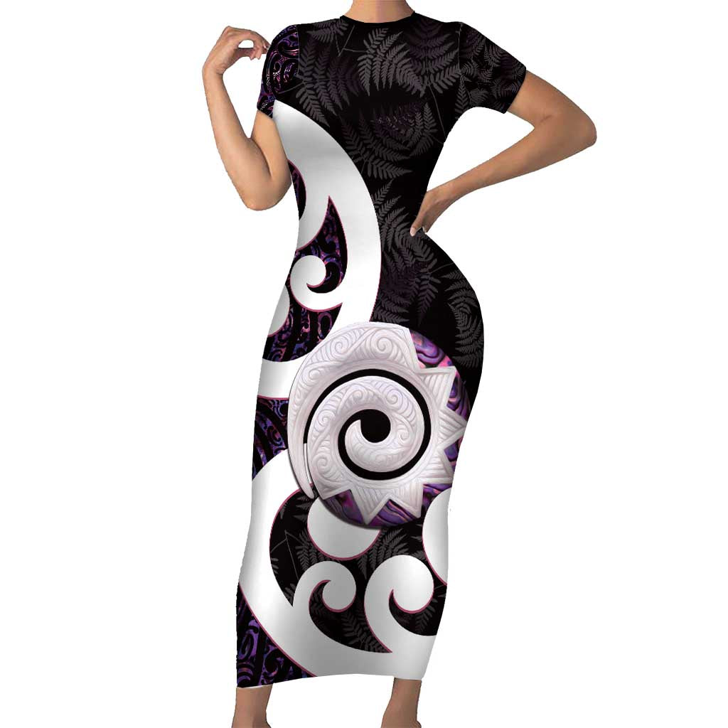 Aotearoa Koru Short Sleeve Bodycon Dress Purple Maori Paua Shell Mix Silver Fern