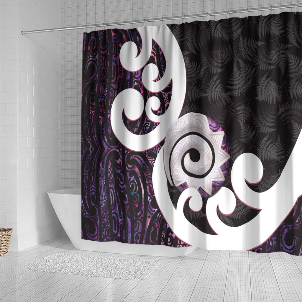 Aotearoa Koru Shower Curtain Purple Maori Paua Shell Mix Silver Fern