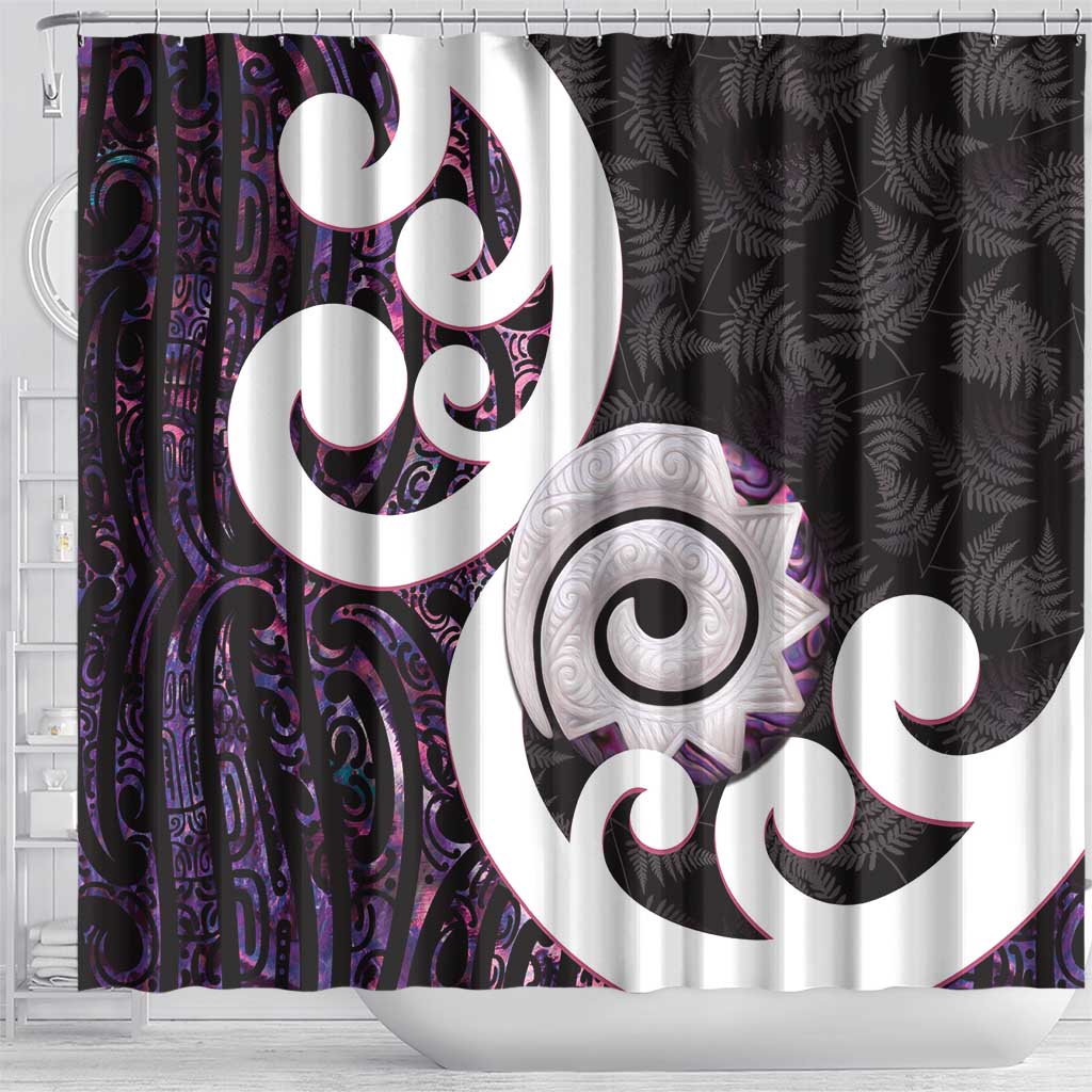 Aotearoa Koru Shower Curtain Purple Maori Paua Shell Mix Silver Fern