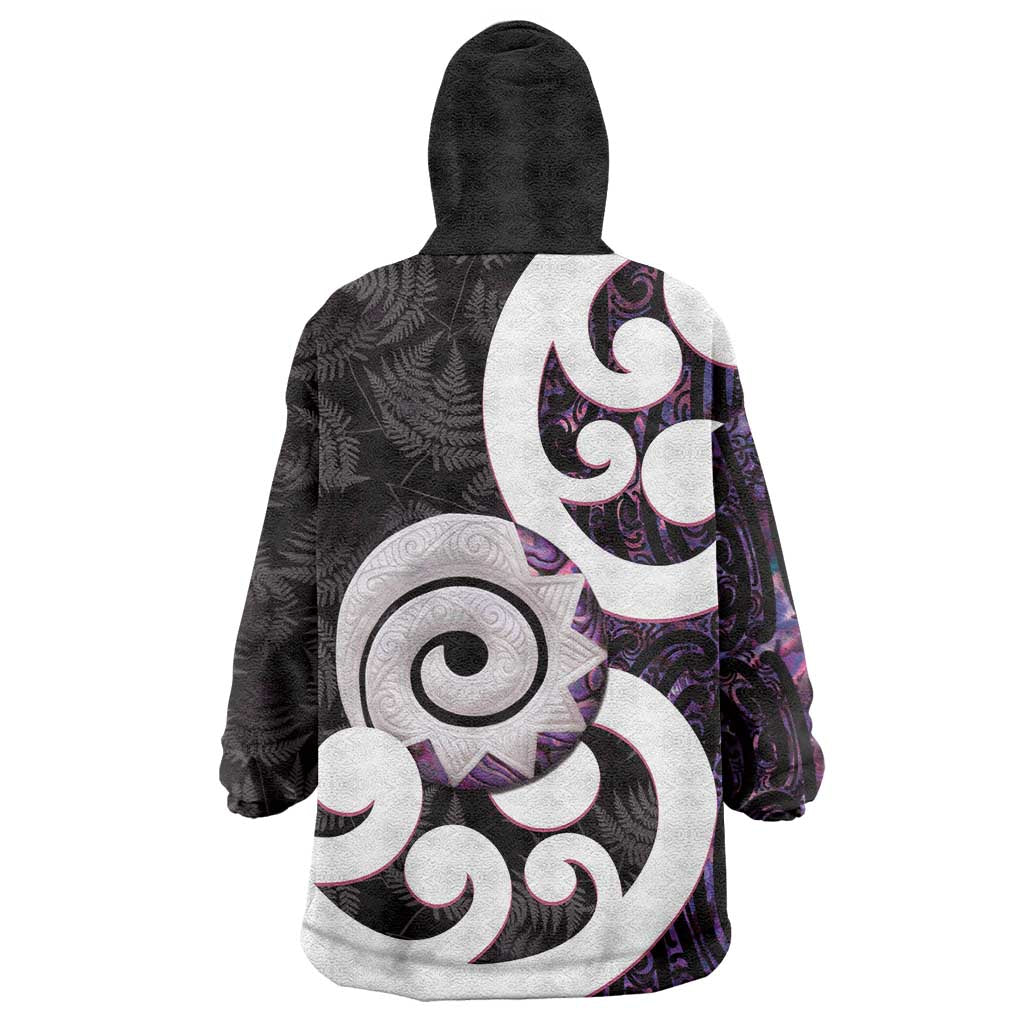 Aotearoa Koru Wearable Blanket Hoodie Purple Maori Paua Shell Mix Silver Fern - Vibe Hoodie Shop