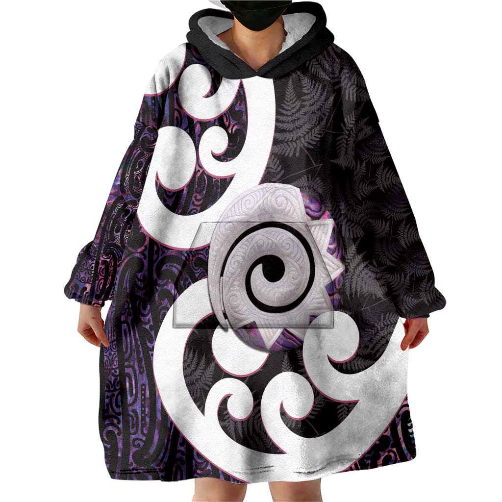 Aotearoa Koru Wearable Blanket Hoodie Purple Maori Paua Shell Mix Silver Fern - Vibe Hoodie Shop