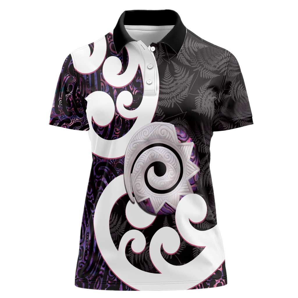 Aotearoa Koru Women Polo Shirt Purple Maori Paua Shell Mix Silver Fern - Vibe Hoodie Shop