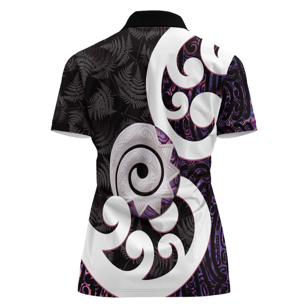 Aotearoa Koru Women Polo Shirt Purple Maori Paua Shell Mix Silver Fern - Vibe Hoodie Shop