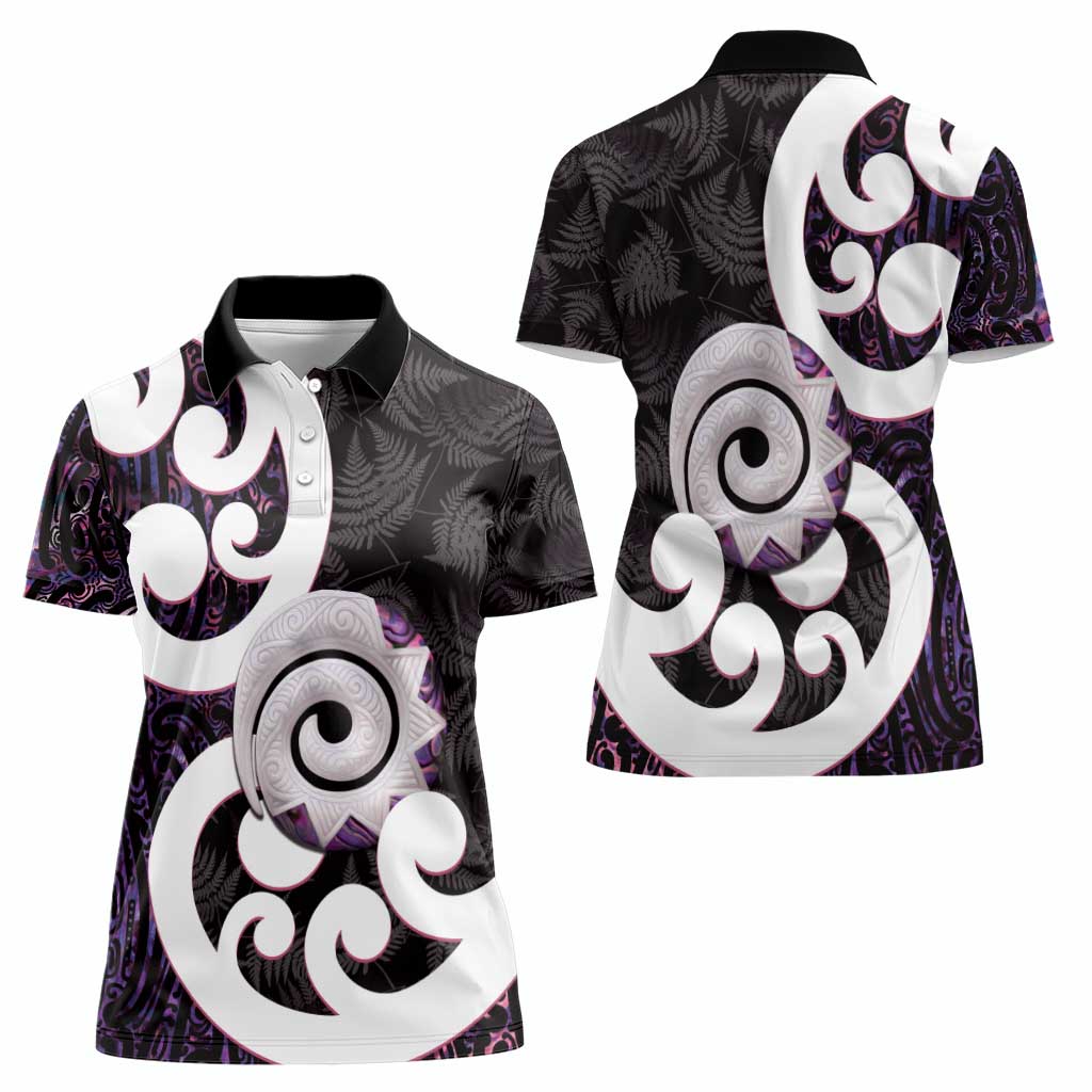 Aotearoa Koru Women Polo Shirt Purple Maori Paua Shell Mix Silver Fern - Vibe Hoodie Shop