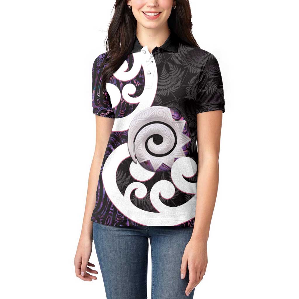 Aotearoa Koru Women Polo Shirt Purple Maori Paua Shell Mix Silver Fern - Vibe Hoodie Shop