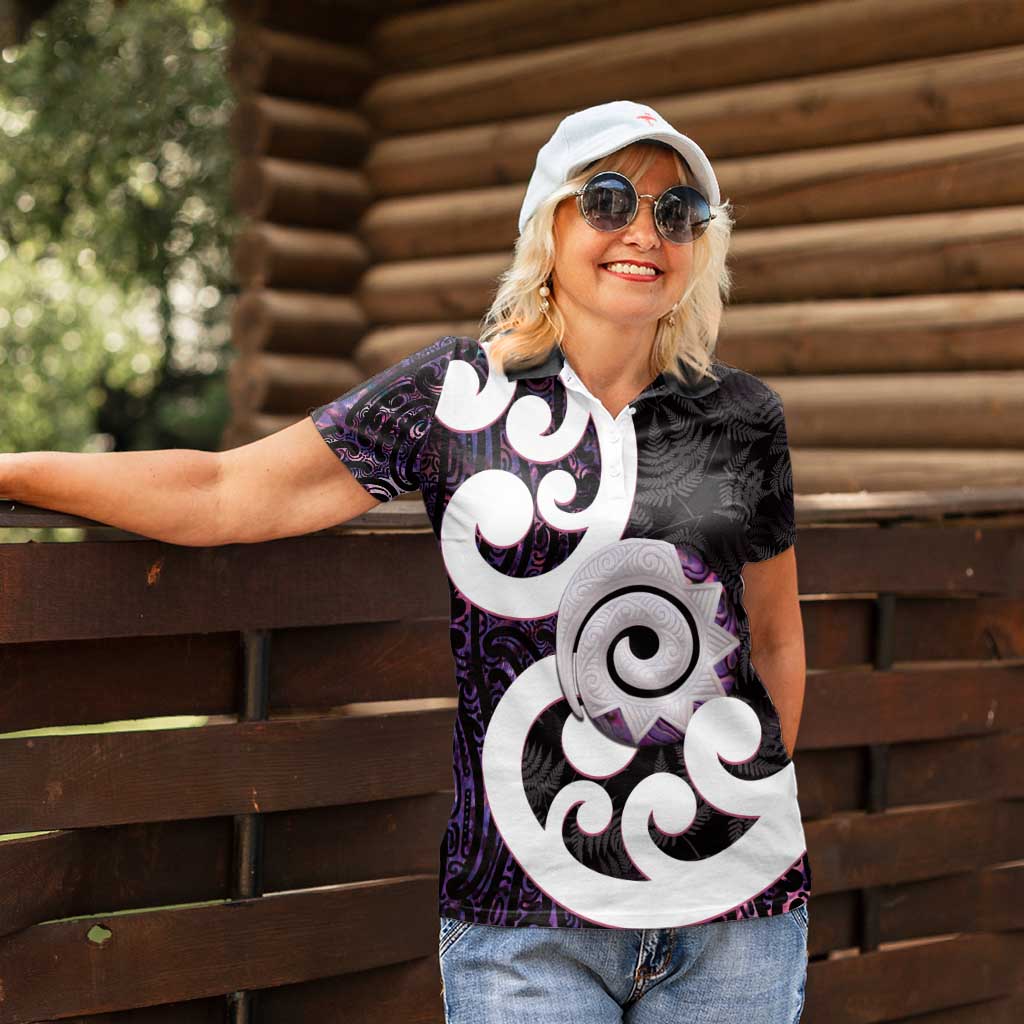 Aotearoa Koru Women Polo Shirt Purple Maori Paua Shell Mix Silver Fern - Vibe Hoodie Shop