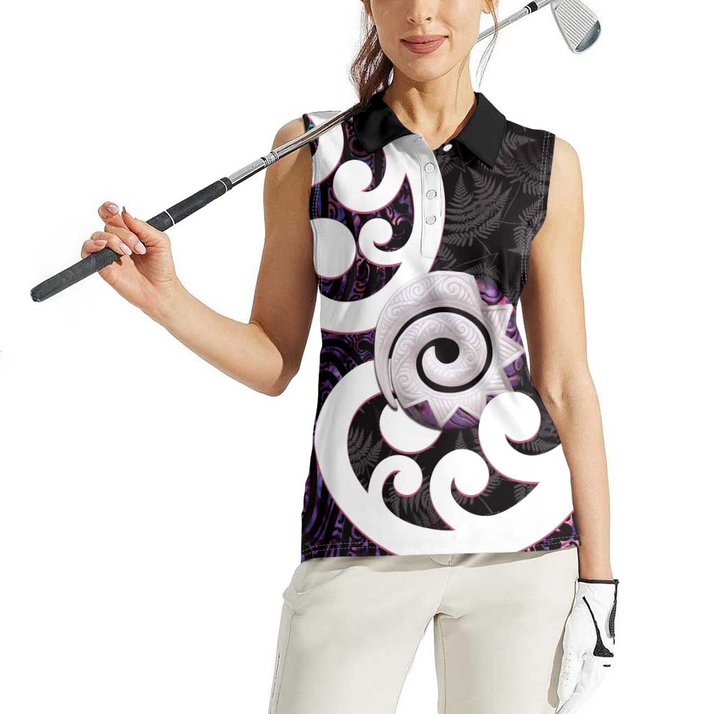 Aotearoa Koru Women Sleeveless Polo Shirt Purple Maori Paua Shell Mix Silver Fern