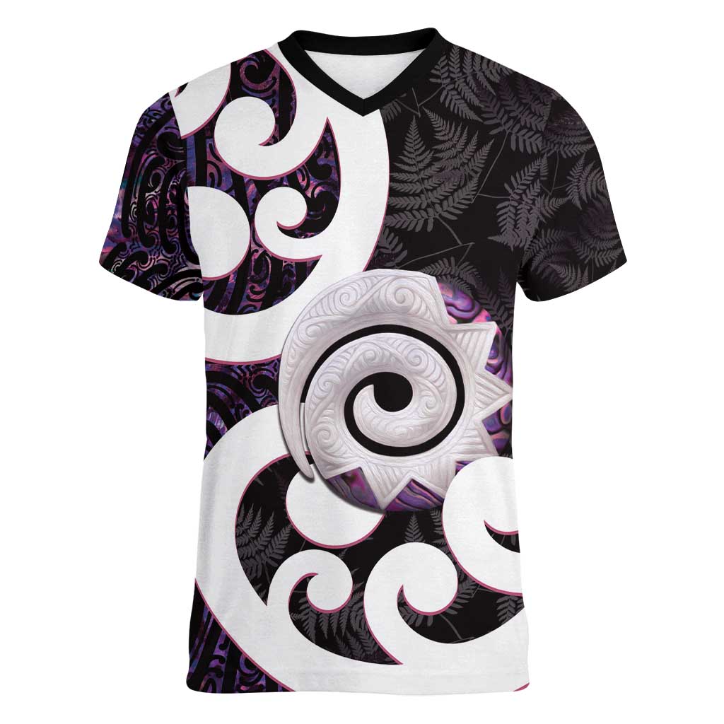 Aotearoa Koru Women V-Neck T-Shirt Purple Maori Paua Shell Mix Silver Fern - Vibe Hoodie Shop