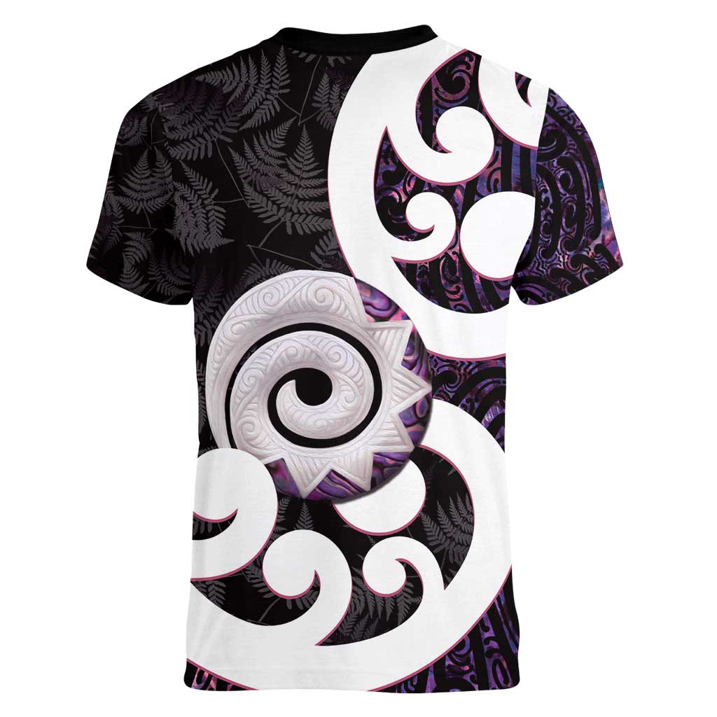 Aotearoa Koru Women V-Neck T-Shirt Purple Maori Paua Shell Mix Silver Fern - Vibe Hoodie Shop