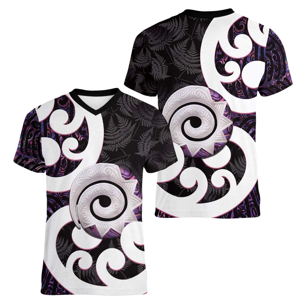 Aotearoa Koru Women V-Neck T-Shirt Purple Maori Paua Shell Mix Silver Fern - Vibe Hoodie Shop