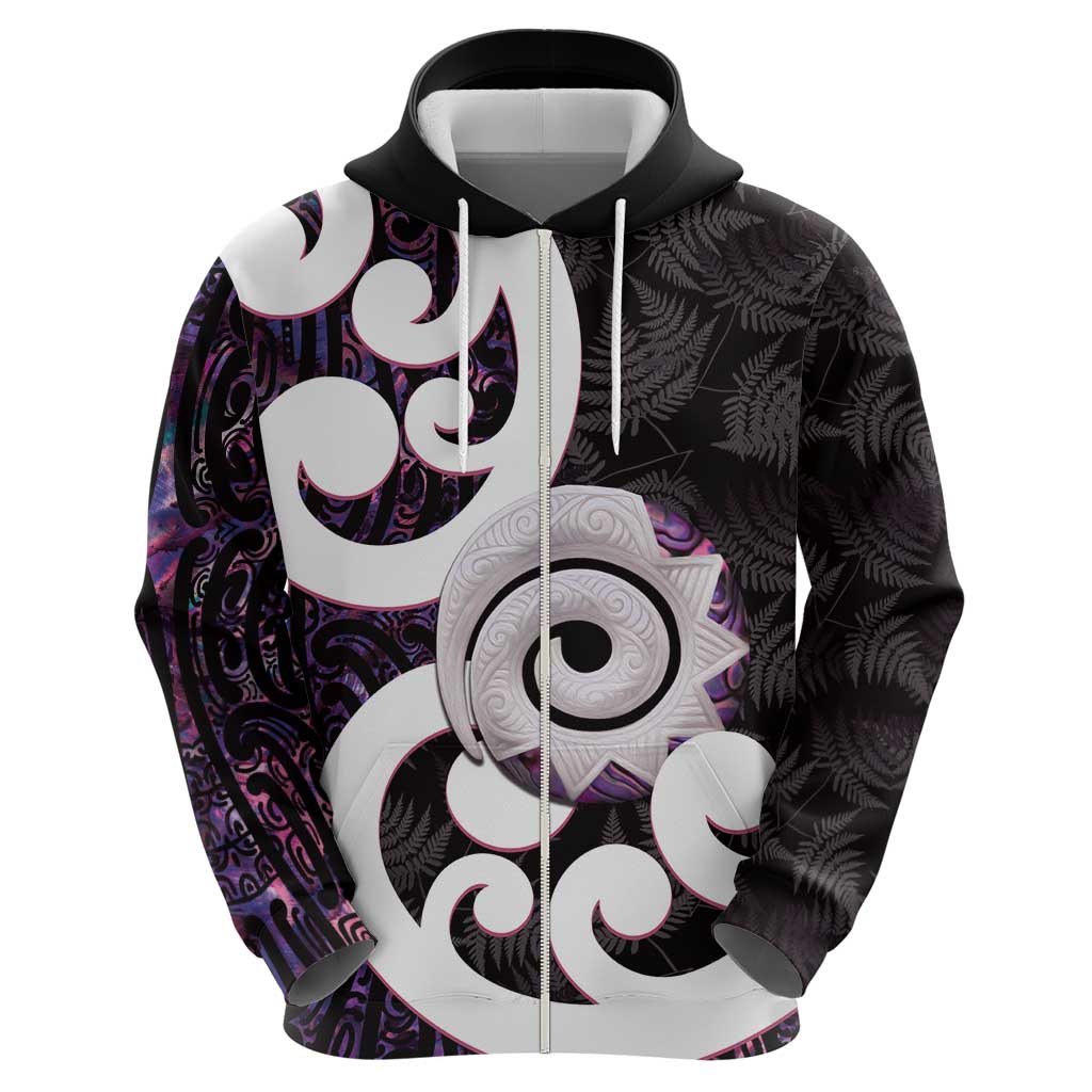 Aotearoa Koru Zip Hoodie Purple Maori Paua Shell Mix Silver Fern - Vibe Hoodie Shop