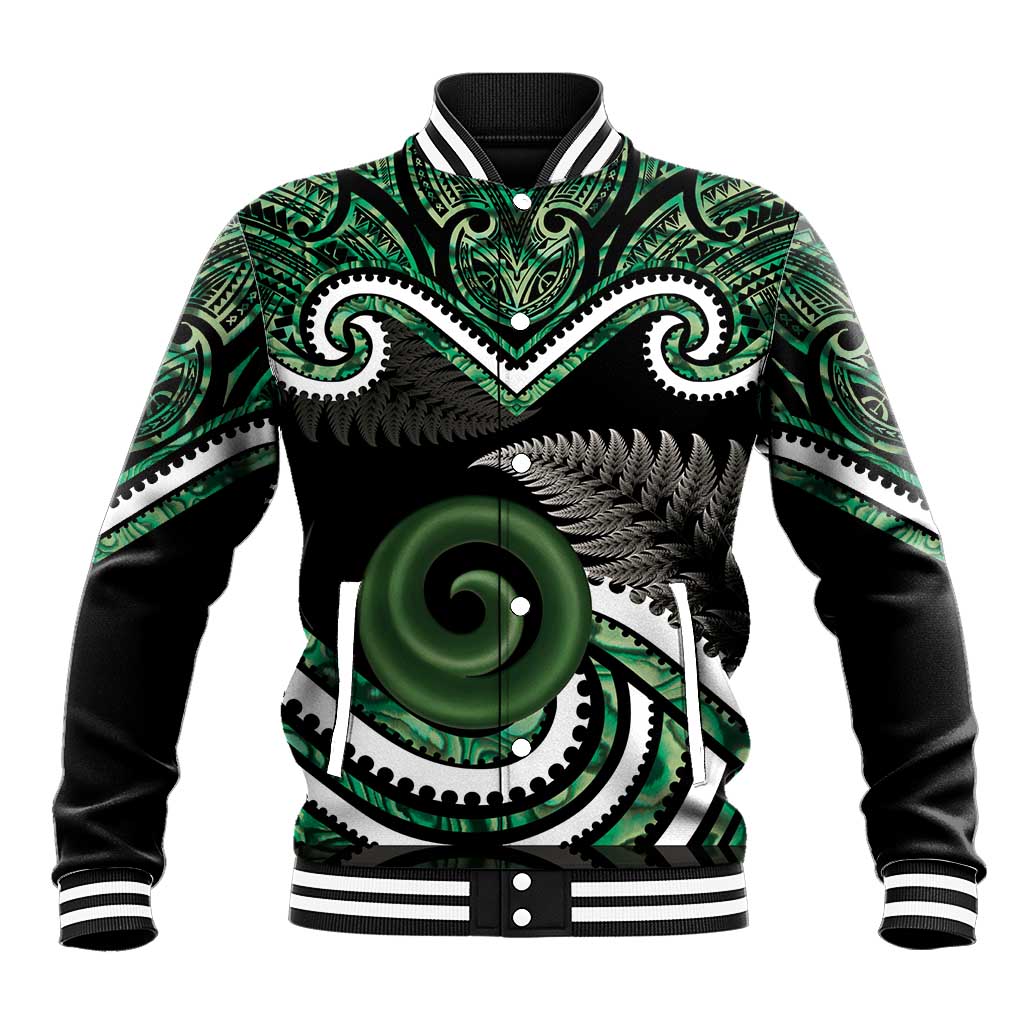 Koru Pounamu Aotearoa Baseball Jacket Maori Paua Shell Mix Silver Fern - Vibe Hoodie Shop