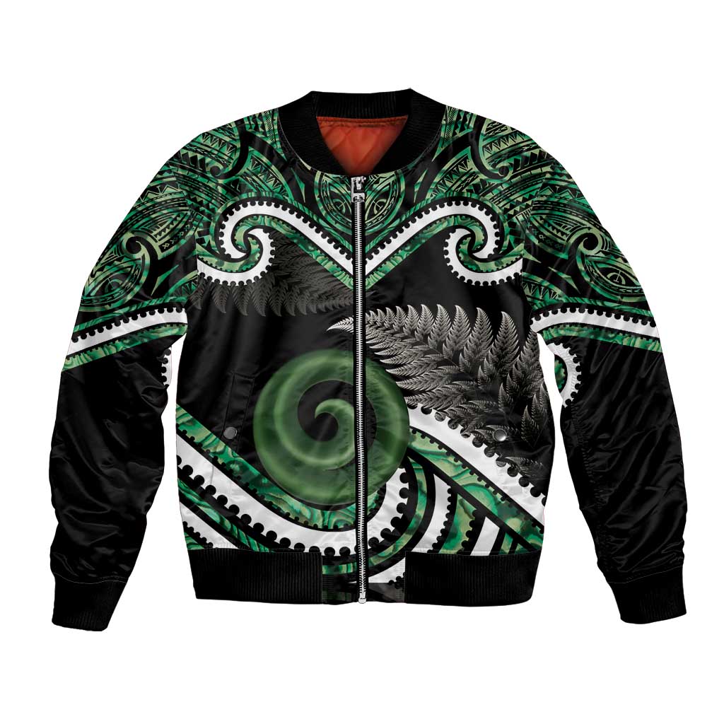 Koru Pounamu Aotearoa Bomber Jacket Maori Paua Shell Mix Silver Fern - Vibe Hoodie Shop