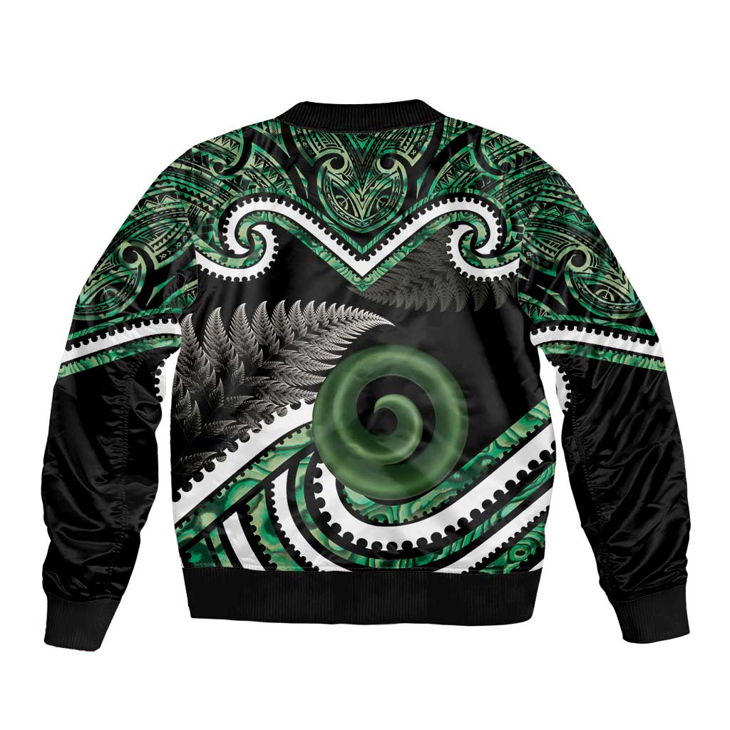 Koru Pounamu Aotearoa Bomber Jacket Maori Paua Shell Mix Silver Fern - Vibe Hoodie Shop