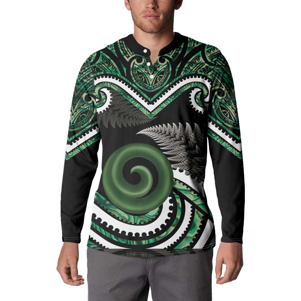 Koru Pounamu Aotearoa Button Sweatshirt Maori Paua Shell Mix Silver Fern