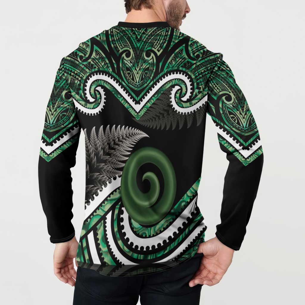 Koru Pounamu Aotearoa Button Sweatshirt Maori Paua Shell Mix Silver Fern