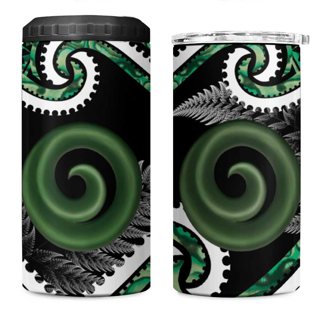 Koru Pounamu Aotearoa 4 in 1 Can Cooler Tumbler Maori Paua Shell Mix Silver Fern