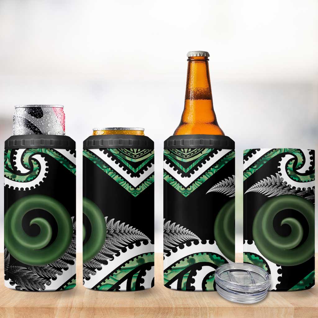 Koru Pounamu Aotearoa 4 in 1 Can Cooler Tumbler Maori Paua Shell Mix Silver Fern