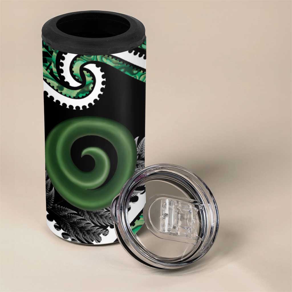 Koru Pounamu Aotearoa 4 in 1 Can Cooler Tumbler Maori Paua Shell Mix Silver Fern