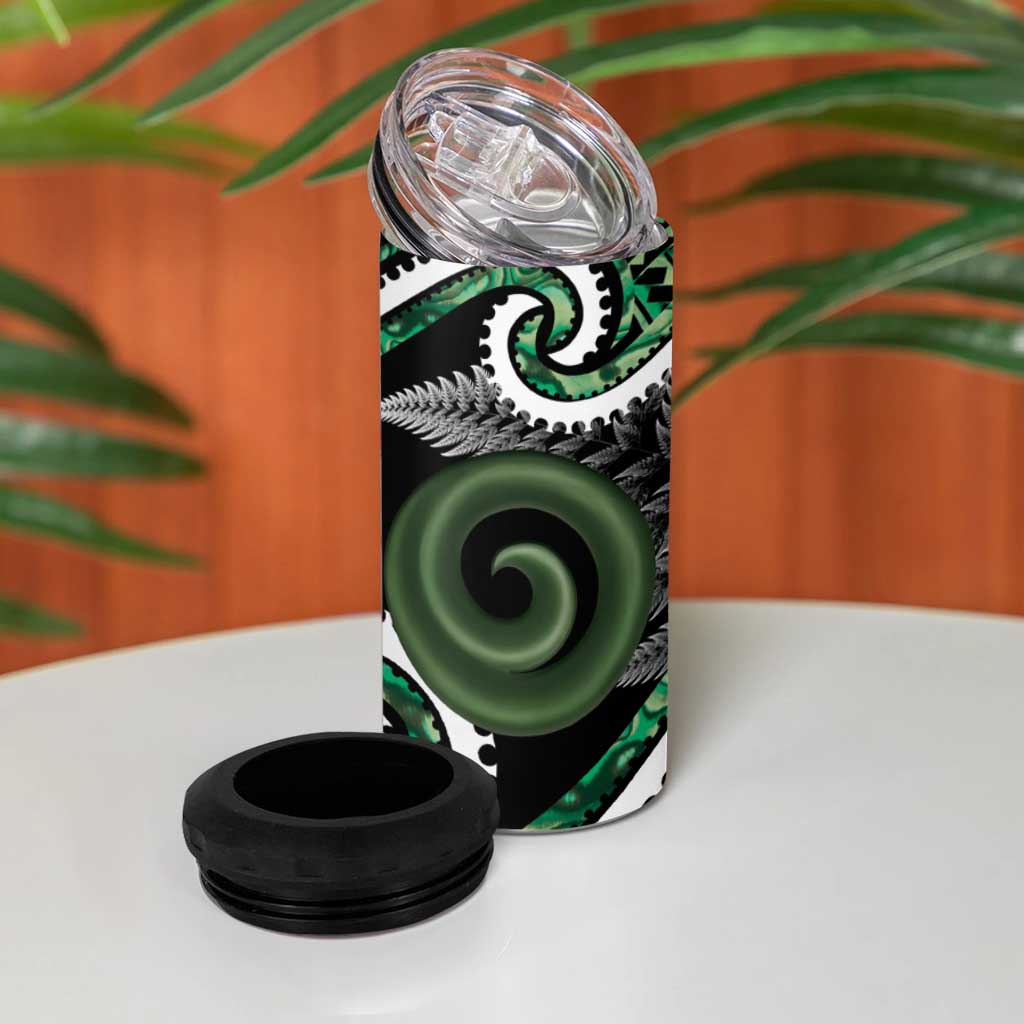 Koru Pounamu Aotearoa 4 in 1 Can Cooler Tumbler Maori Paua Shell Mix Silver Fern