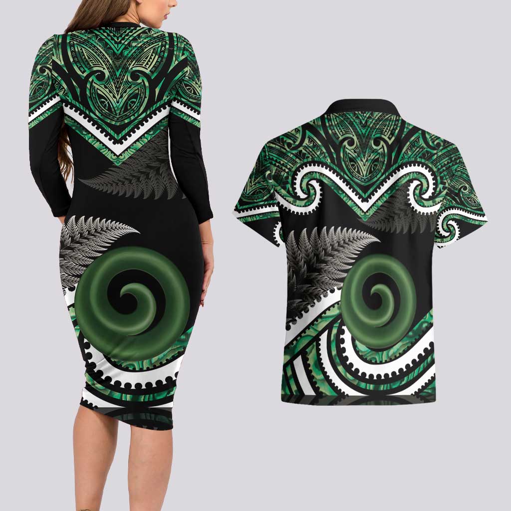 Koru Pounamu Aotearoa Couples Matching Long Sleeve Bodycon Dress and Hawaiian Shirt Maori Paua Shell Mix Silver Fern