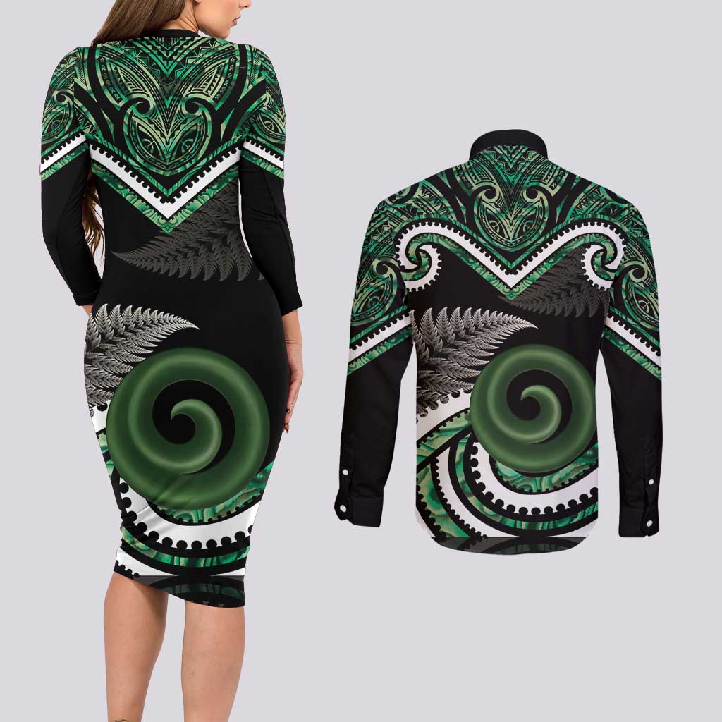 Koru Pounamu Aotearoa Couples Matching Long Sleeve Bodycon Dress and Long Sleeve Button Shirt Maori Paua Shell Mix Silver Fern