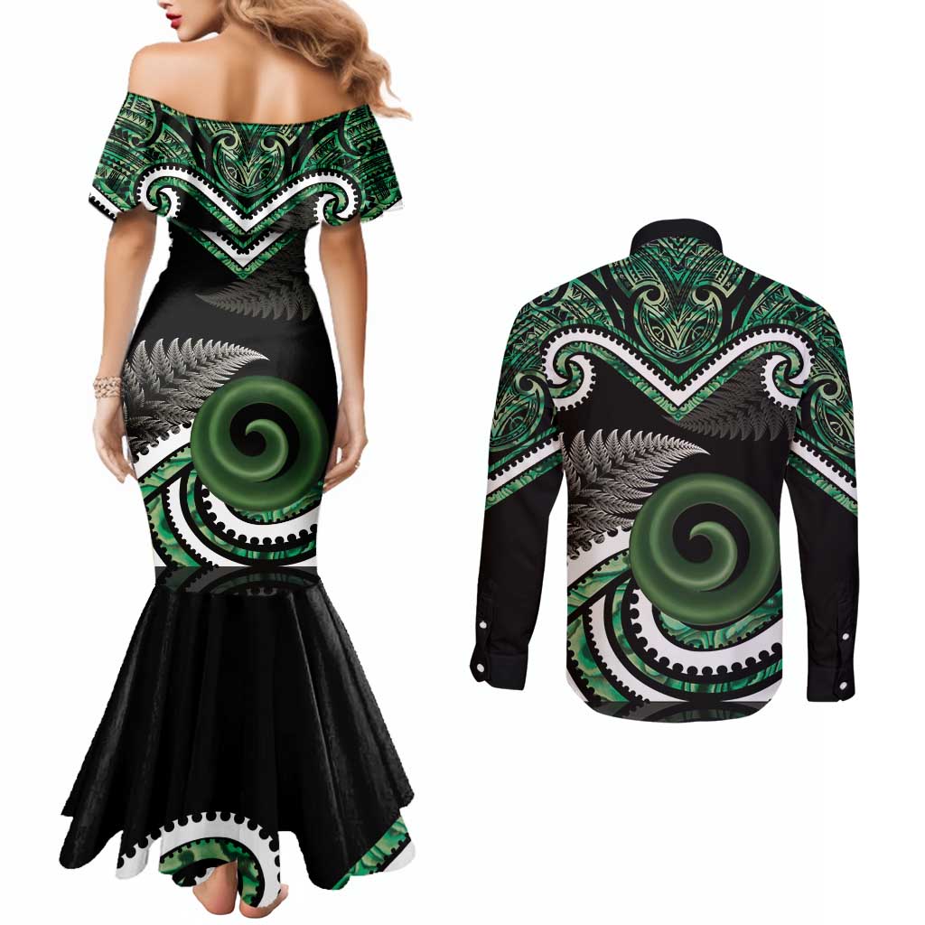 Koru Pounamu Aotearoa Couples Matching Mermaid Dress and Long Sleeve Button Shirt Maori Paua Shell Mix Silver Fern