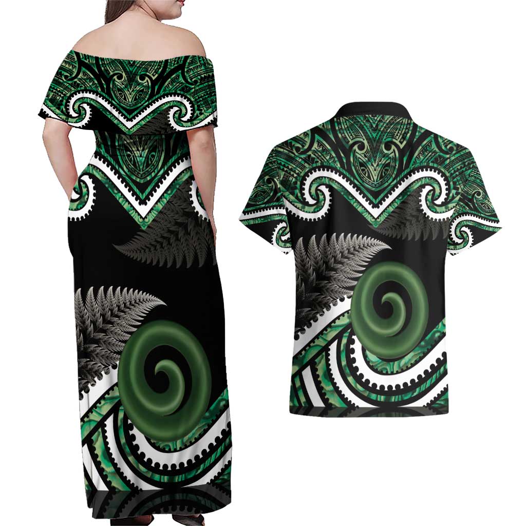 Koru Pounamu Aotearoa Couples Matching Off Shoulder Maxi Dress and Hawaiian Shirt Maori Paua Shell Mix Silver Fern