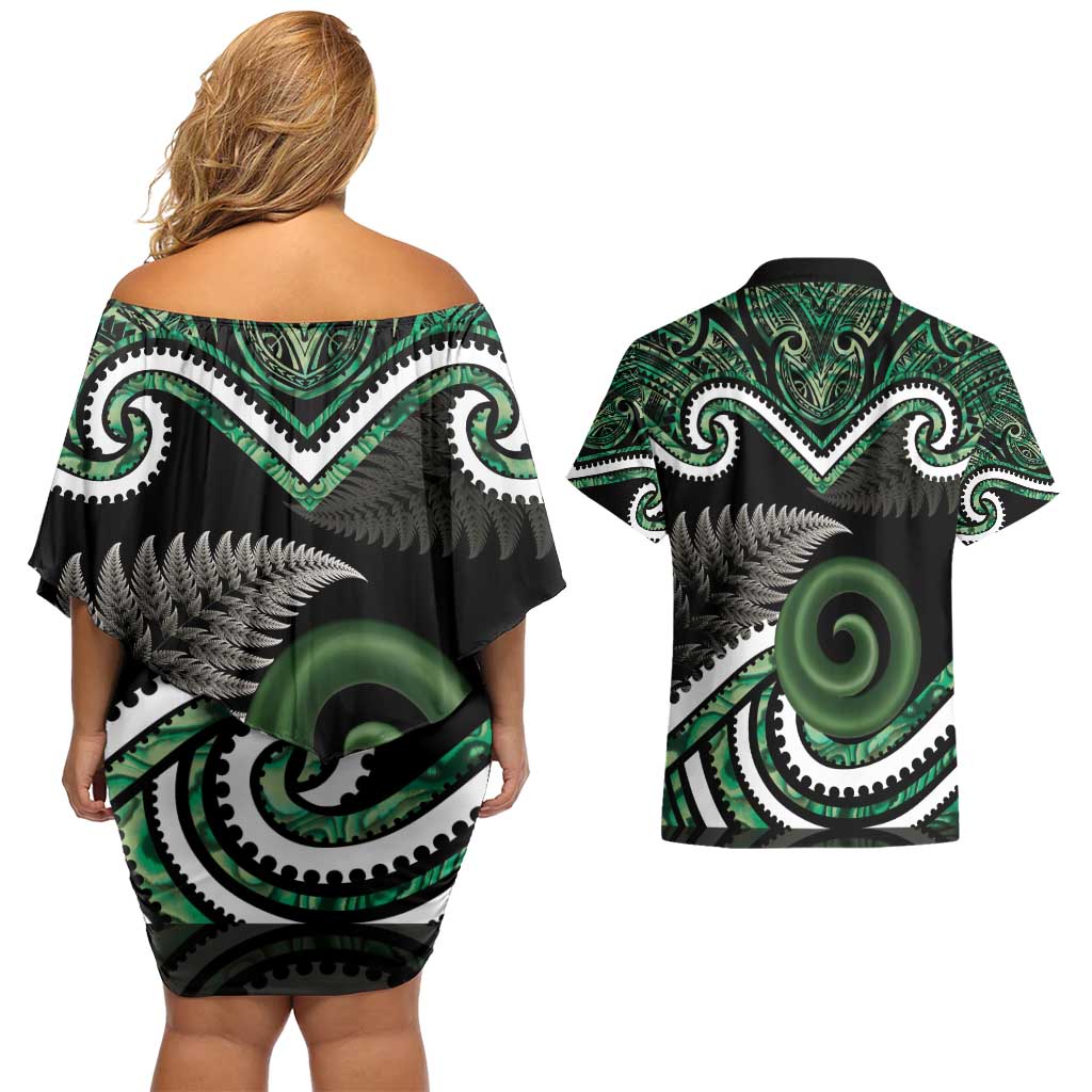 Koru Pounamu Aotearoa Couples Matching Off Shoulder Short Dress and Hawaiian Shirt Maori Paua Shell Mix Silver Fern