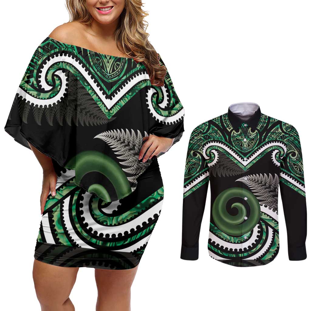 Koru Pounamu Aotearoa Couples Matching Off Shoulder Short Dress and Long Sleeve Button Shirt Maori Paua Shell Mix Silver Fern