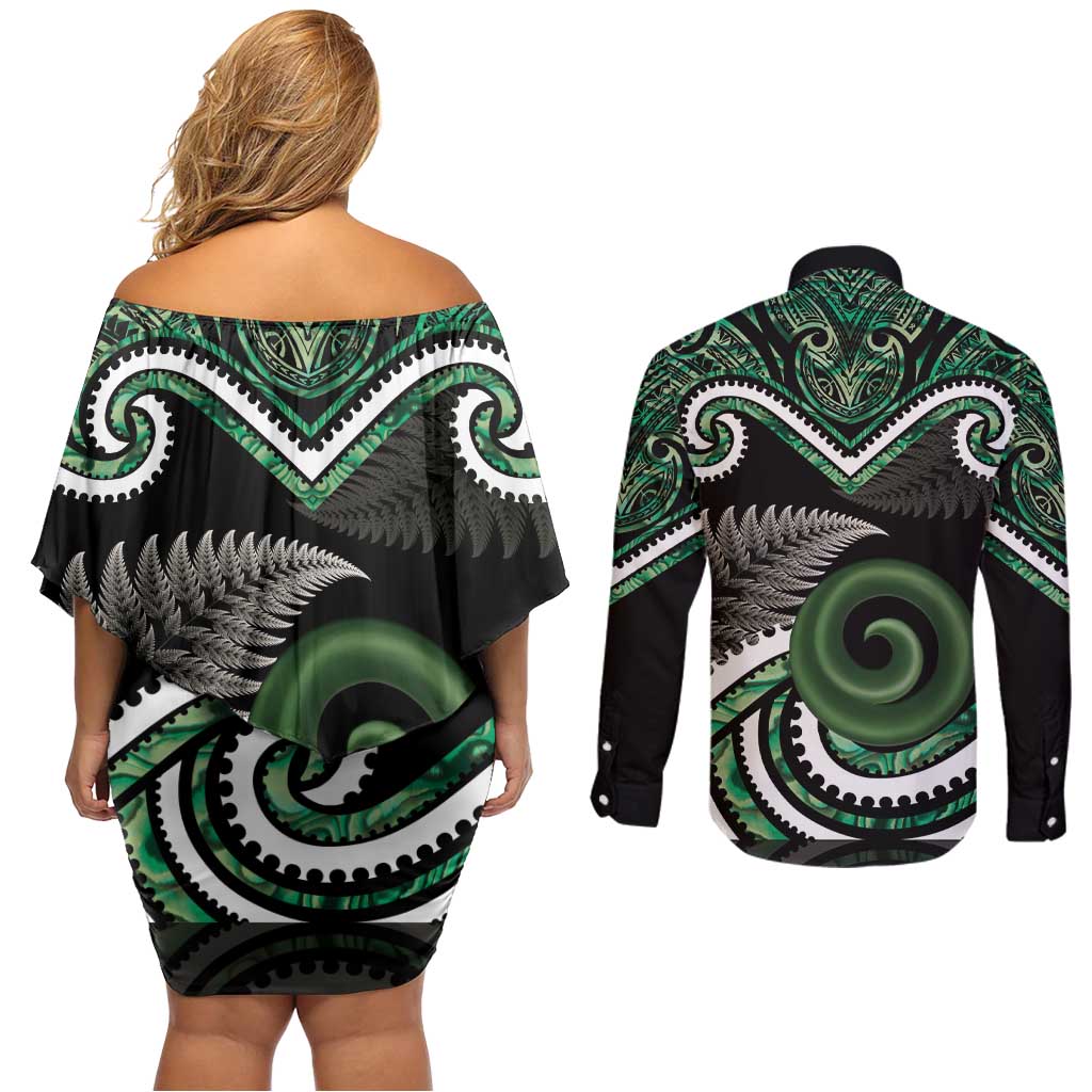 Koru Pounamu Aotearoa Couples Matching Off Shoulder Short Dress and Long Sleeve Button Shirt Maori Paua Shell Mix Silver Fern