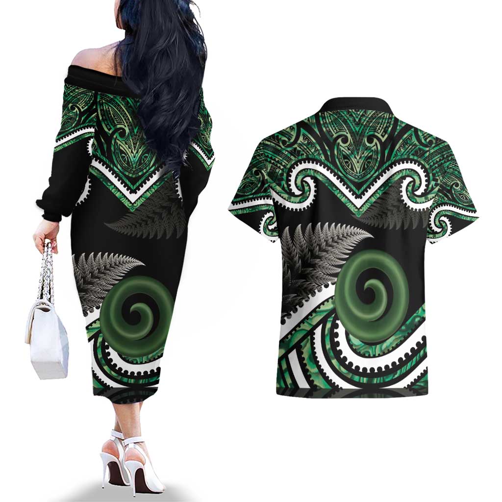 Koru Pounamu Aotearoa Couples Matching Off The Shoulder Long Sleeve Dress and Hawaiian Shirt Maori Paua Shell Mix Silver Fern