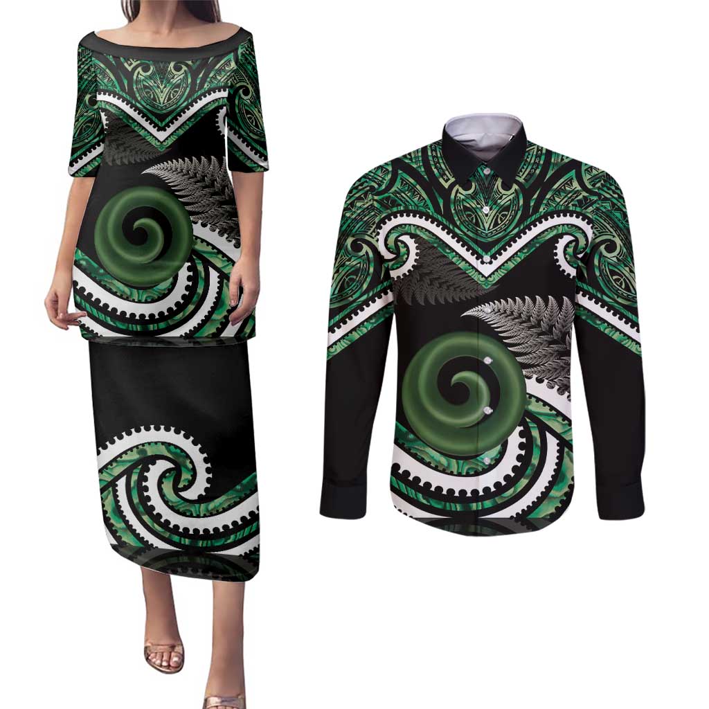 Koru Pounamu Aotearoa Couples Matching Puletasi and Long Sleeve Button Shirt Maori Paua Shell Mix Silver Fern