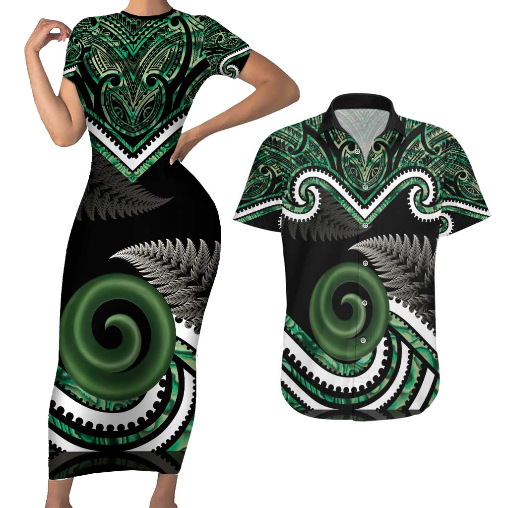 Koru Pounamu Aotearoa Couples Matching Short Sleeve Bodycon Dress and Hawaiian Shirt Maori Paua Shell Mix Silver Fern