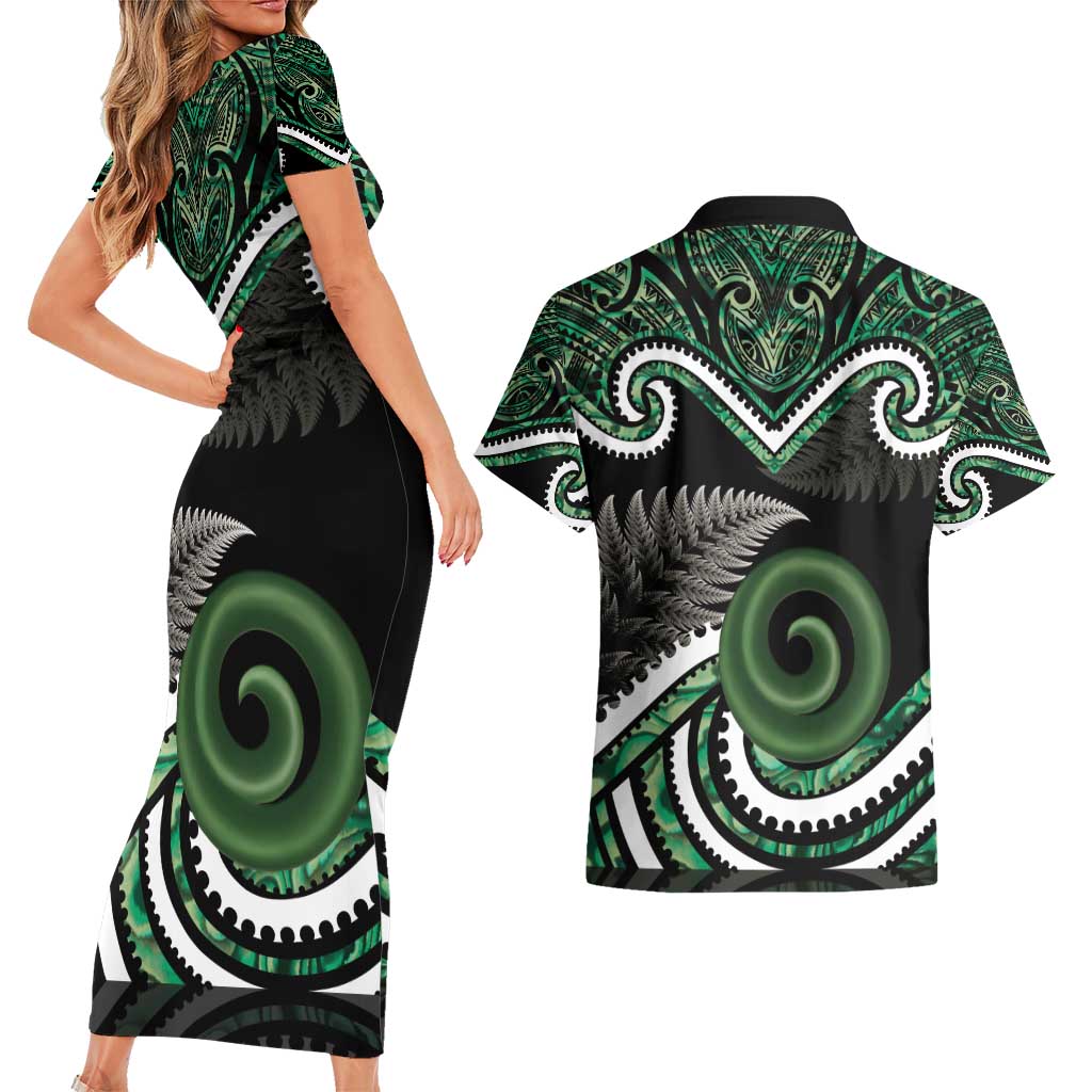 Koru Pounamu Aotearoa Couples Matching Short Sleeve Bodycon Dress and Hawaiian Shirt Maori Paua Shell Mix Silver Fern