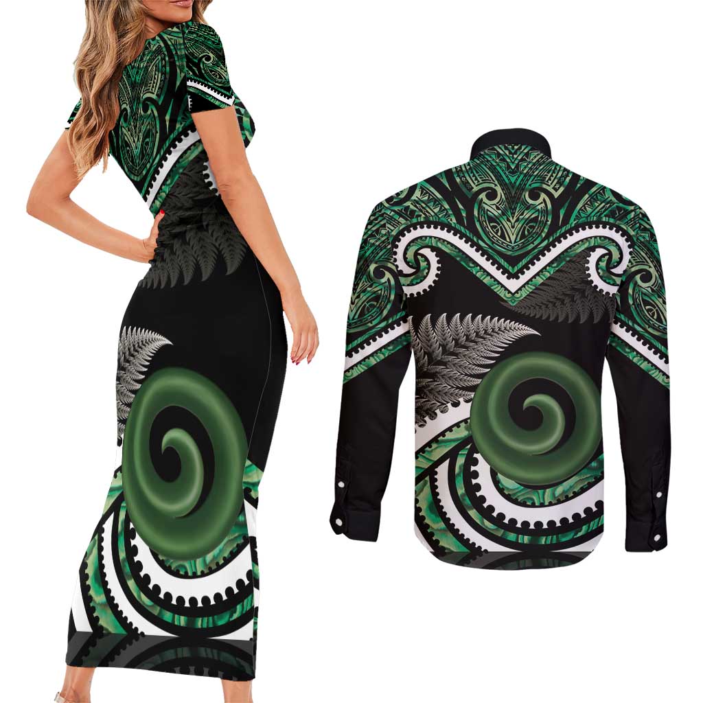 Koru Pounamu Aotearoa Couples Matching Short Sleeve Bodycon Dress and Long Sleeve Button Shirt Maori Paua Shell Mix Silver Fern