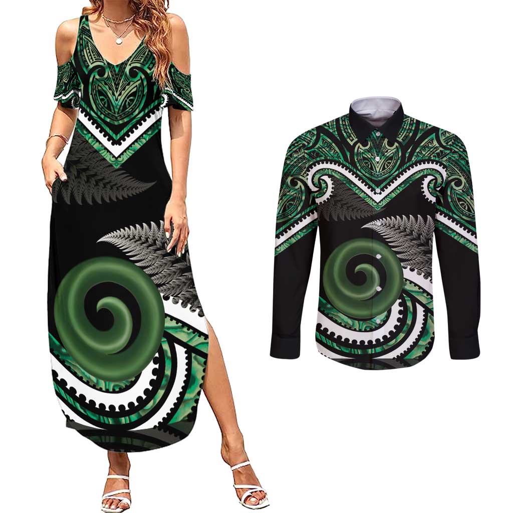 Koru Pounamu Aotearoa Couples Matching Summer Maxi Dress and Long Sleeve Button Shirt Maori Paua Shell Mix Silver Fern