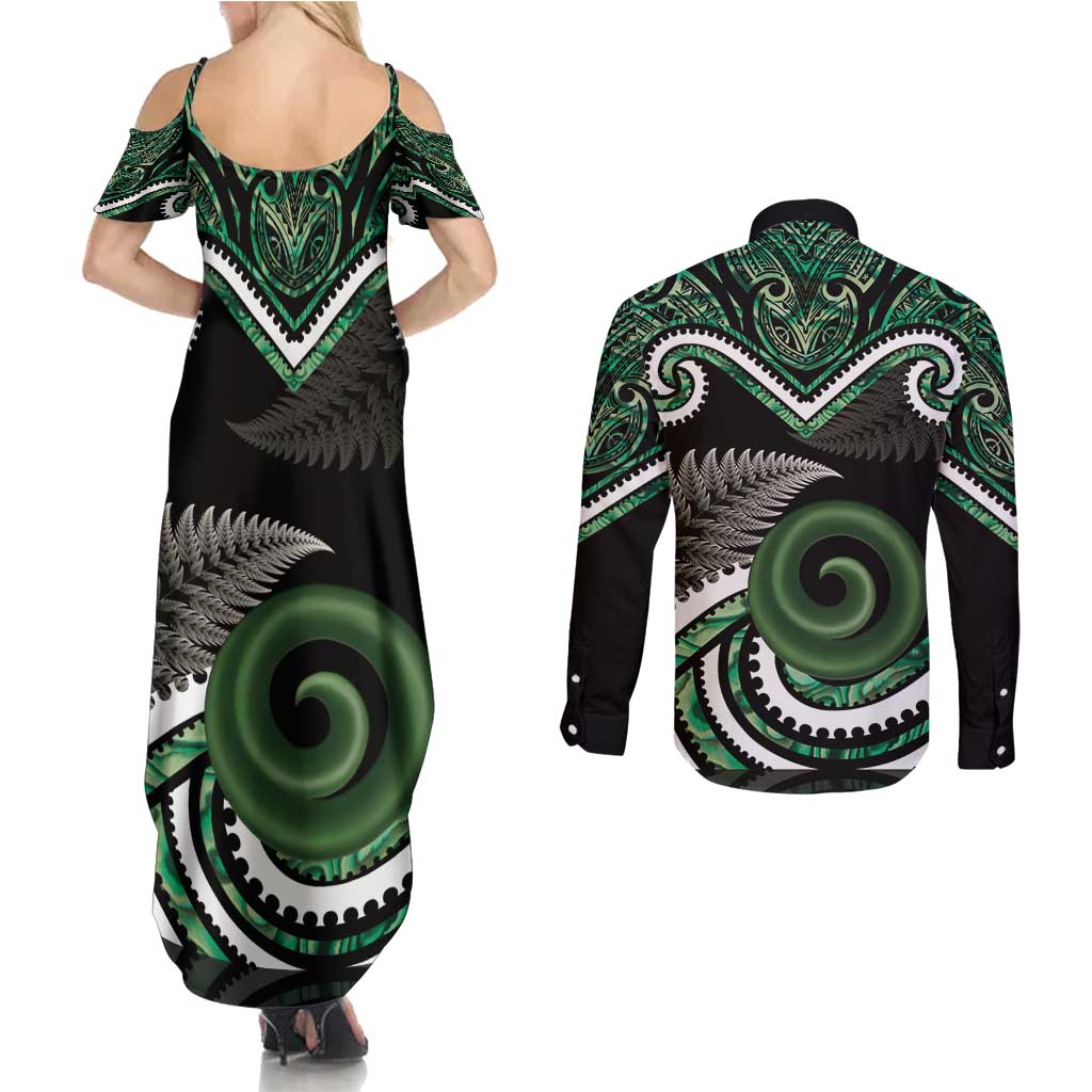 Koru Pounamu Aotearoa Couples Matching Summer Maxi Dress and Long Sleeve Button Shirt Maori Paua Shell Mix Silver Fern