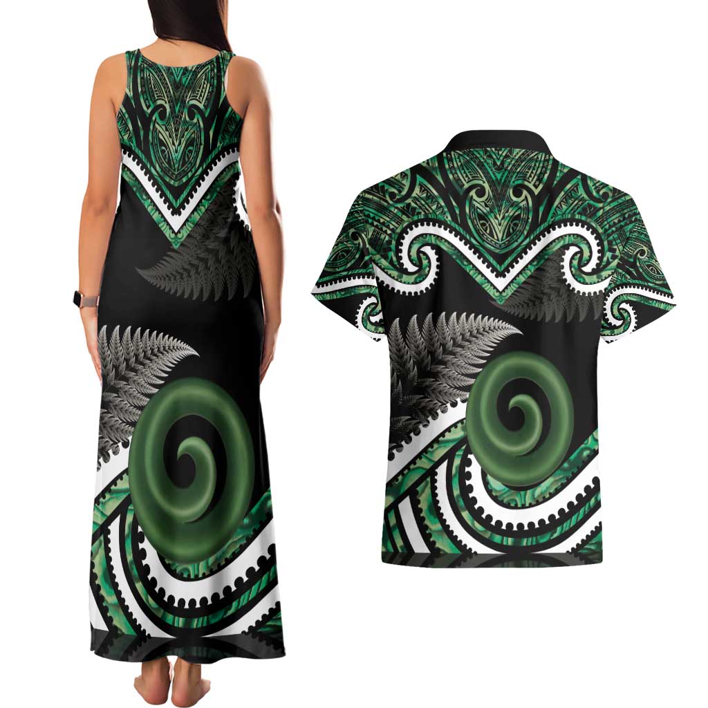 Koru Pounamu Aotearoa Couples Matching Tank Maxi Dress and Hawaiian Shirt Maori Paua Shell Mix Silver Fern