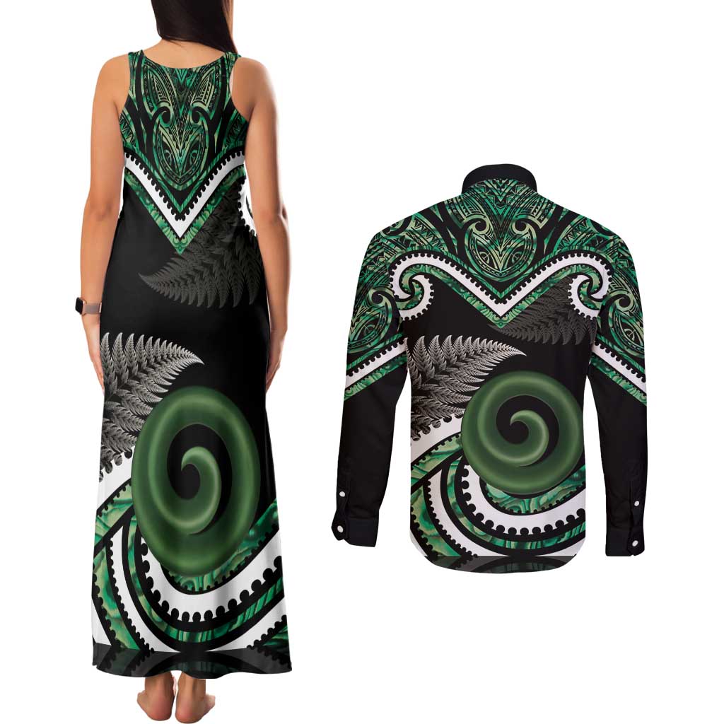 Koru Pounamu Aotearoa Couples Matching Tank Maxi Dress and Long Sleeve Button Shirt Maori Paua Shell Mix Silver Fern