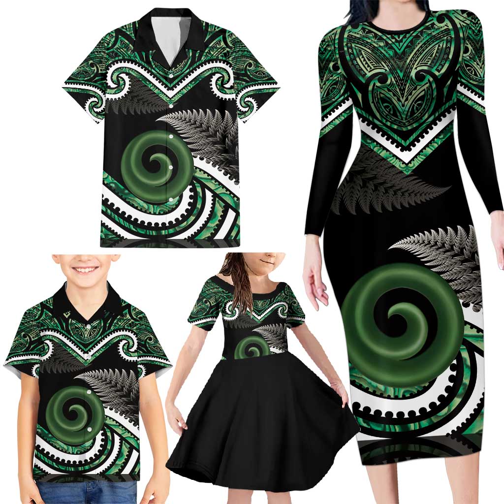 Koru Pounamu Aotearoa Family Matching Long Sleeve Bodycon Dress and Hawaiian Shirt Maori Paua Shell Mix Silver Fern