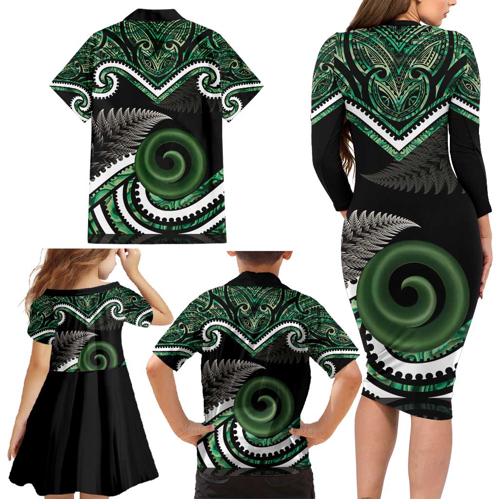 Koru Pounamu Aotearoa Family Matching Long Sleeve Bodycon Dress and Hawaiian Shirt Maori Paua Shell Mix Silver Fern