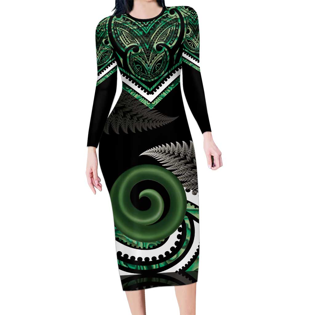 Koru Pounamu Aotearoa Family Matching Long Sleeve Bodycon Dress and Hawaiian Shirt Maori Paua Shell Mix Silver Fern