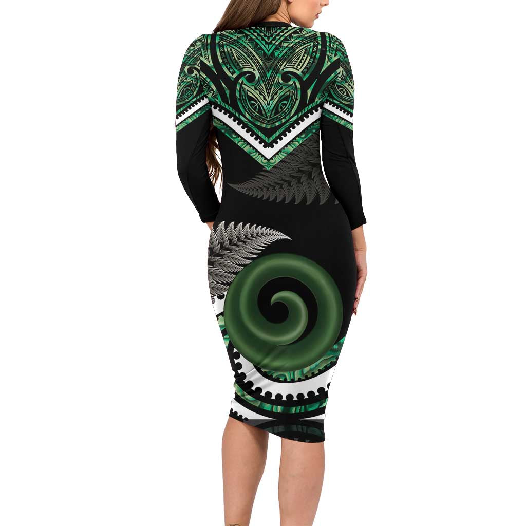 Koru Pounamu Aotearoa Family Matching Long Sleeve Bodycon Dress and Hawaiian Shirt Maori Paua Shell Mix Silver Fern