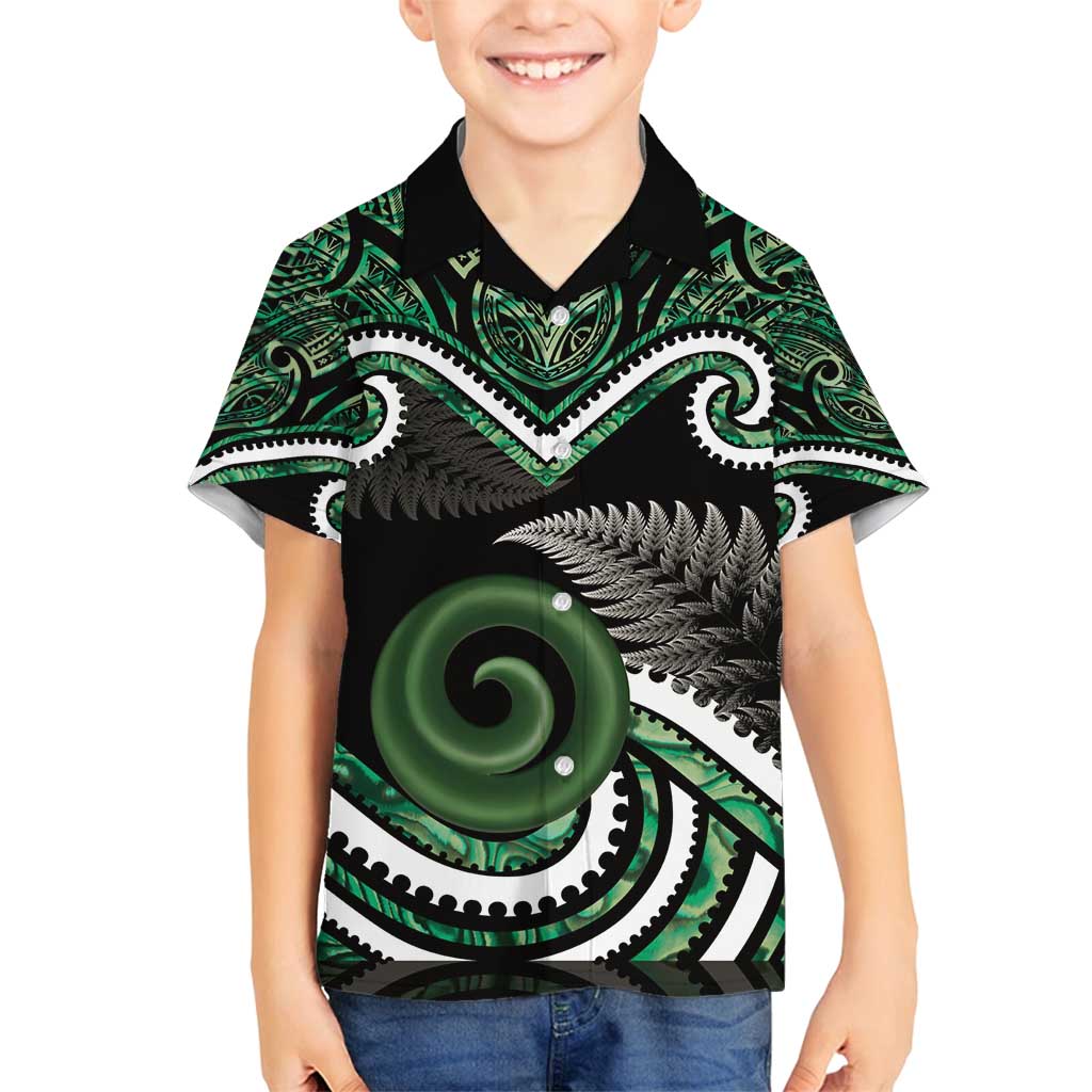 Koru Pounamu Aotearoa Family Matching Long Sleeve Bodycon Dress and Hawaiian Shirt Maori Paua Shell Mix Silver Fern