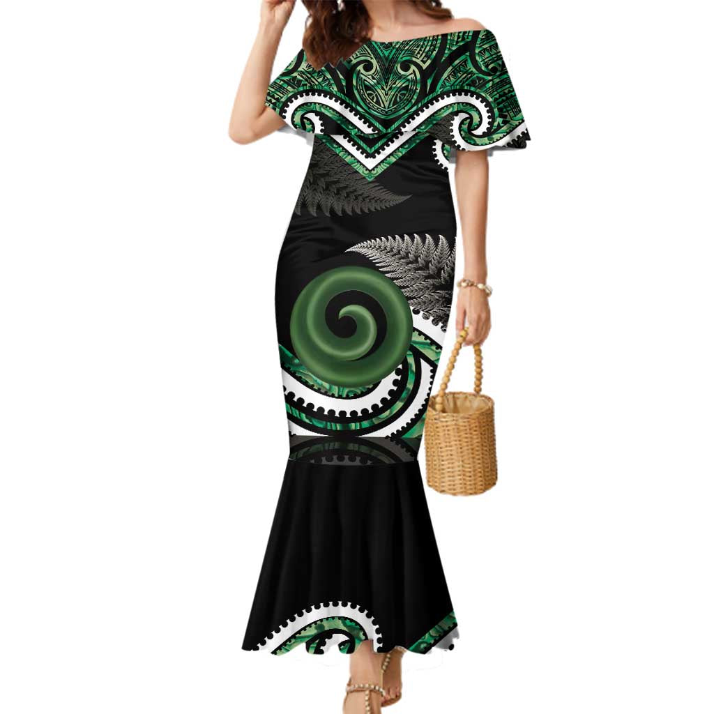 Koru Pounamu Aotearoa Family Matching Mermaid Dress and Hawaiian Shirt Maori Paua Shell Mix Silver Fern