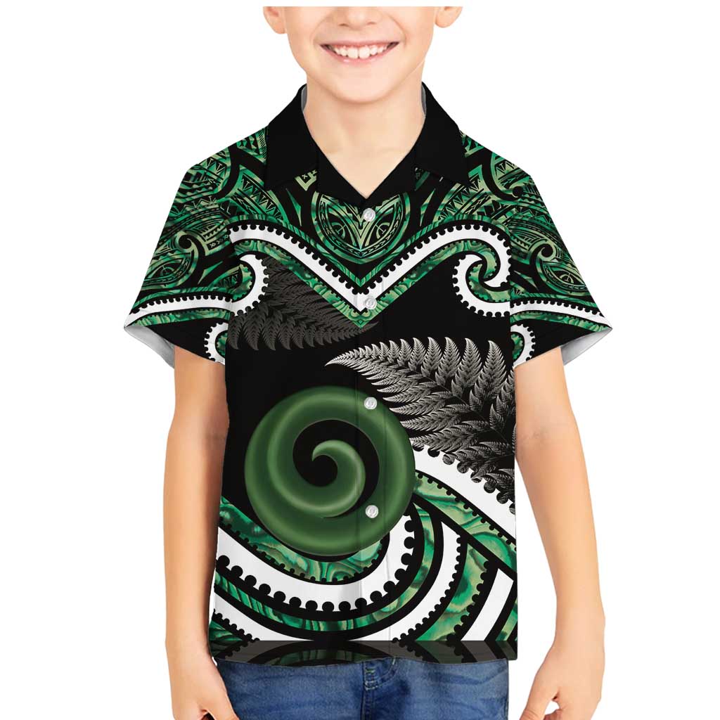 Koru Pounamu Aotearoa Family Matching Mermaid Dress and Hawaiian Shirt Maori Paua Shell Mix Silver Fern