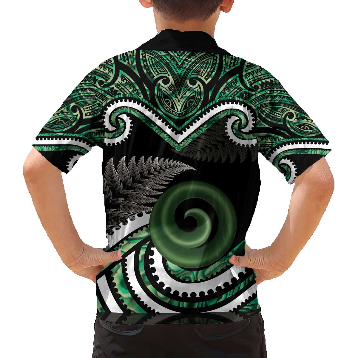 Koru Pounamu Aotearoa Family Matching Off The Shoulder Long Sleeve Dress and Hawaiian Shirt Maori Paua Shell Mix Silver Fern